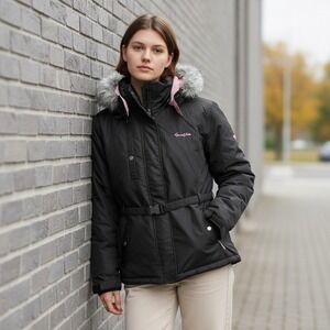 VTG Southpole Junior Girls Black‎ Winter Puffer Jacket Fur Hooded Belted Size L